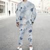 Men Plus Size Colorful Printed Two Piece Set Round Neck Long Sleeve Top Cuffed Pants