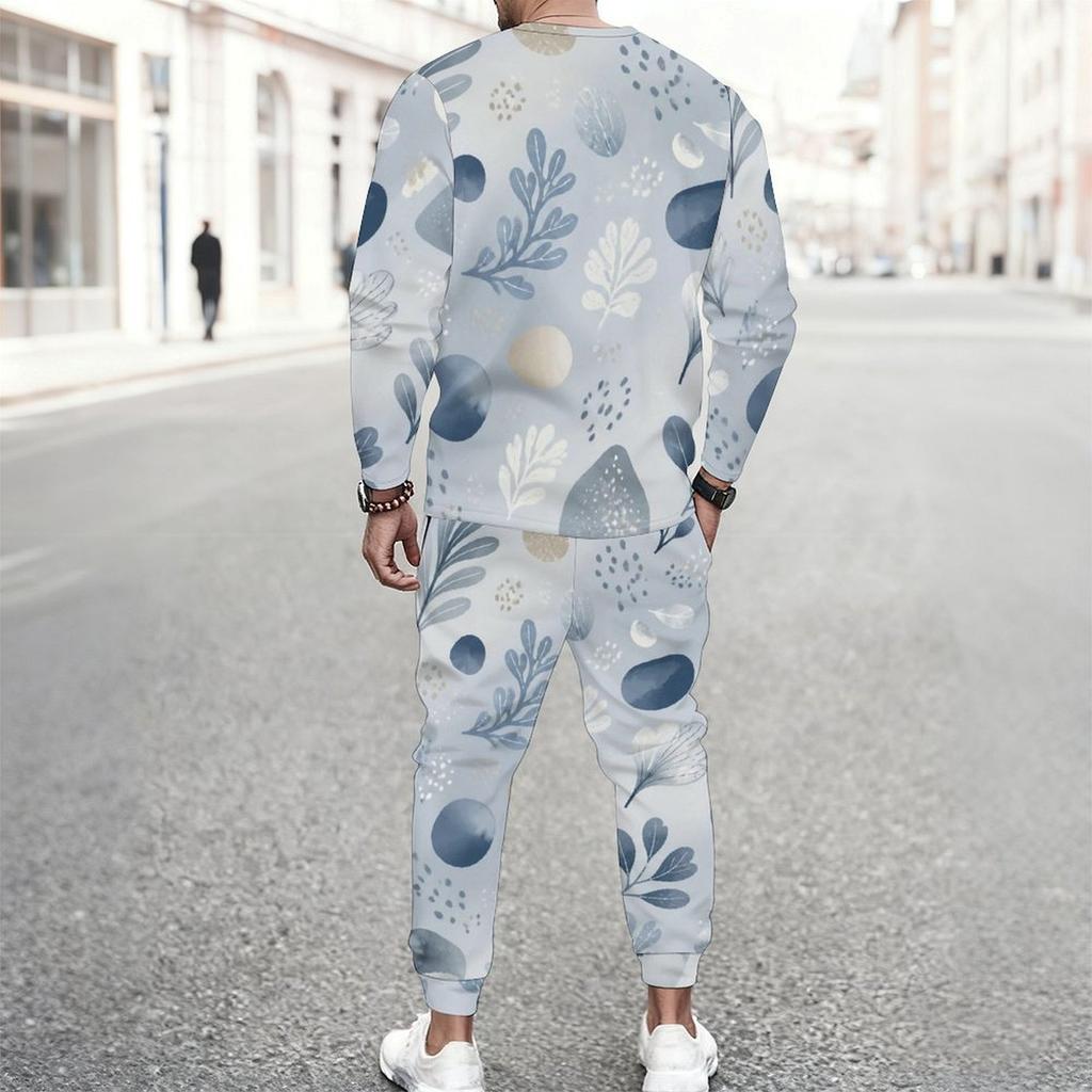 Men Plus Size Colorful Printed Two Piece Set Round Neck Long Sleeve Top Cuffed Pants