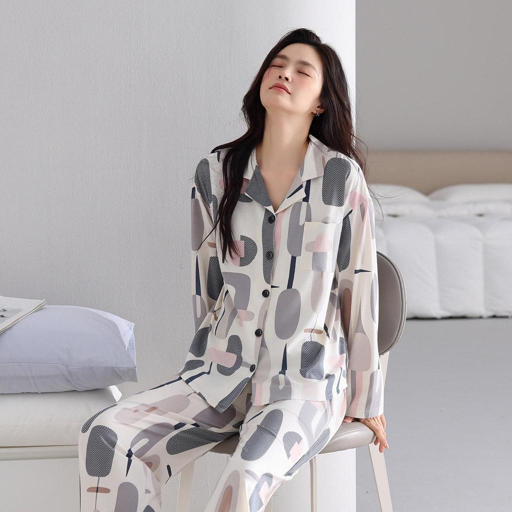 Women's Rayon Cotton Long Sleeve Pajama Set - Lapel, Casual Autumn Style for Home or Outside Wear