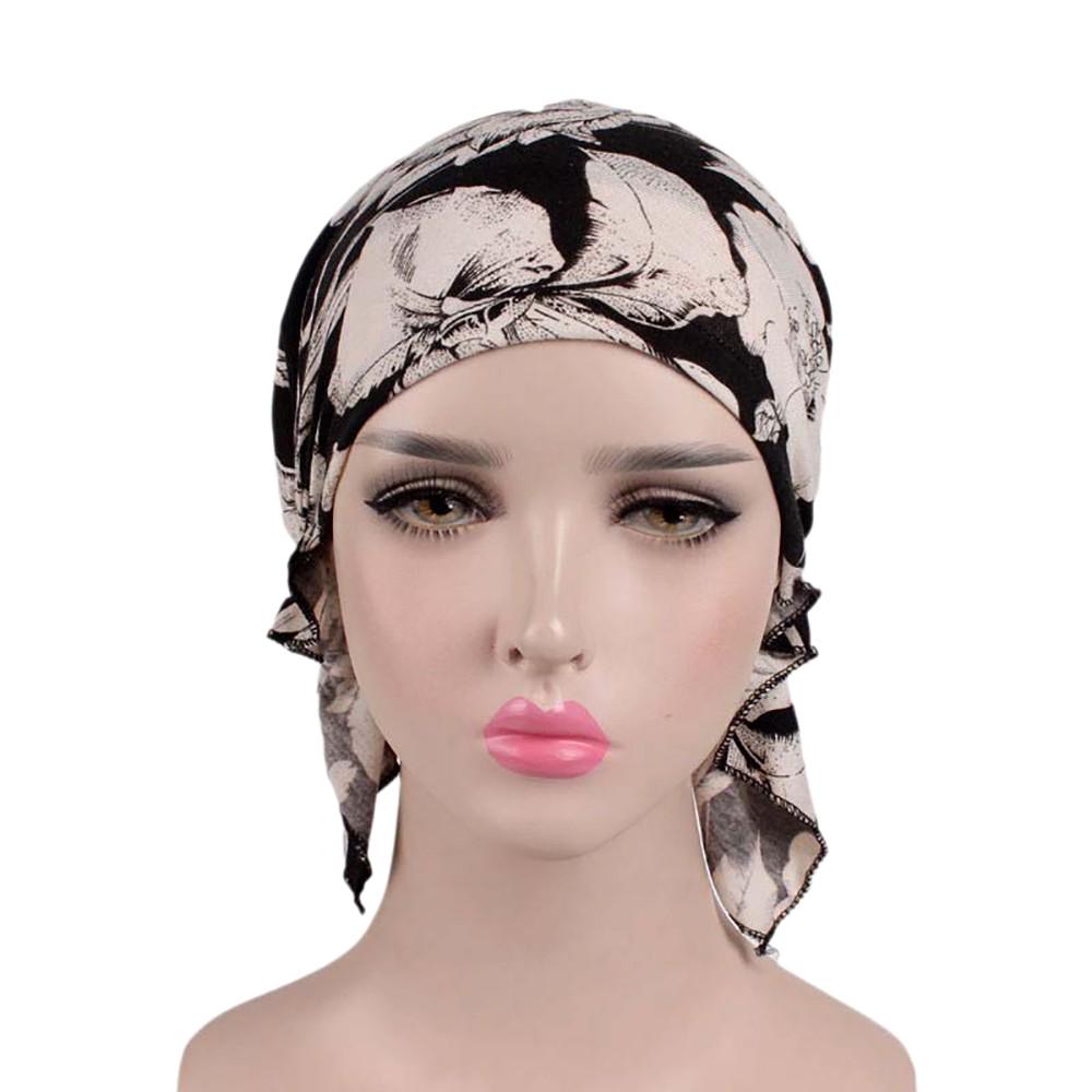Kvinner India Muslim Elastisk Turban Print Cotton Hat Head Scarf Wrap