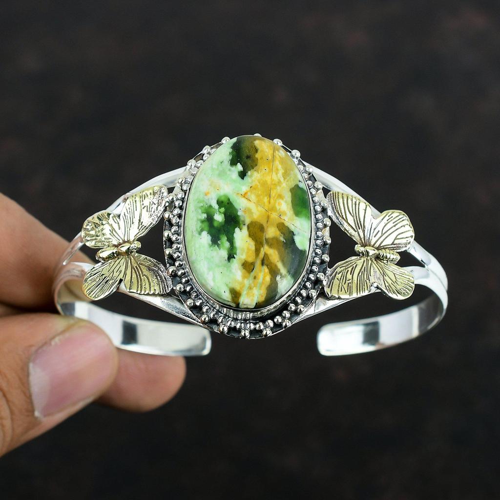 Australian Chrome Chalcedony Bangle Real Gemstone Cuff Bracelet 925 Sterling Silver Bangle 18K Gold Plated Butterfly Cuff Adjustable Bangle
