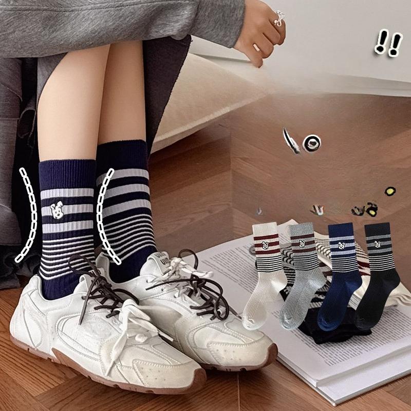 Embroidered Dog Academy Style Socks for Women, Spring and Autumn, Striped Mid-calf Cotton Socks, Retro Boneless Long Socks