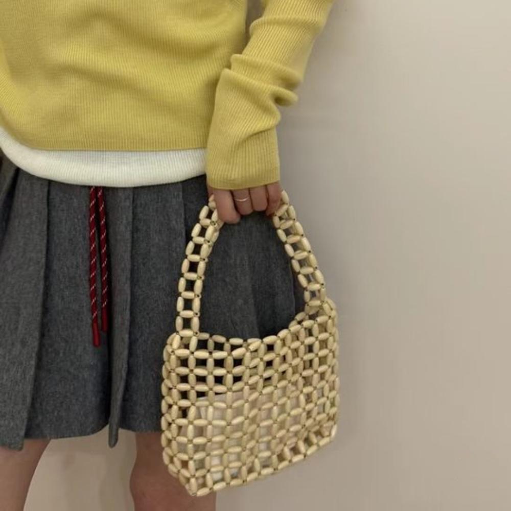 Handmade Beaded Woven Bag Pure Color Openwork Bag Fashion Hollow Out Bag Girls
