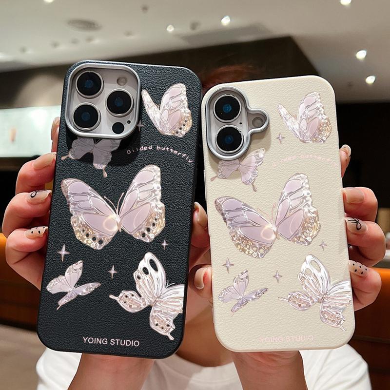 Butterfly Pattern Leather Texture Slim Soft Case Shell For iPhone 16 Pro Max 15 14 Pro 13 12 11 Matte Lens Protection Shockproof TPU Phone Cover