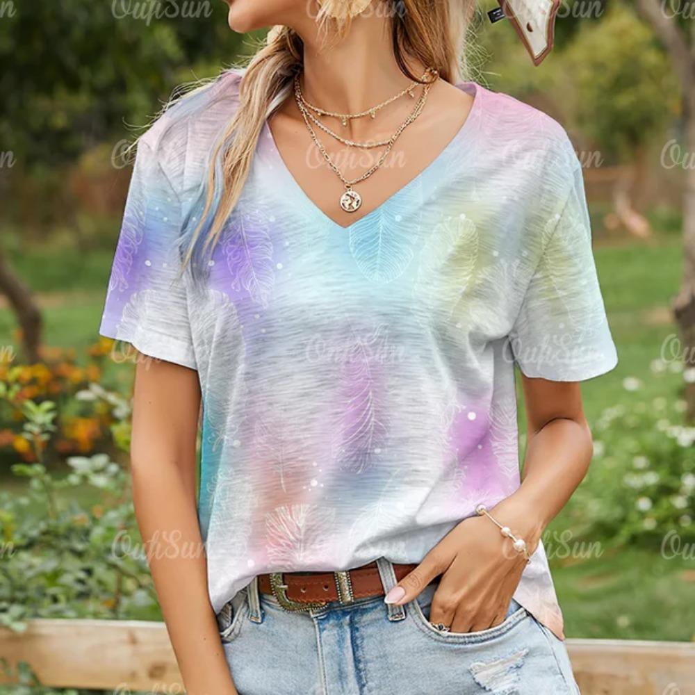 Women's T-shirt Summer V-neck Short-sleeved Top Fashion Feather Pattern 3d Printing Casual Daily Women's Clothing