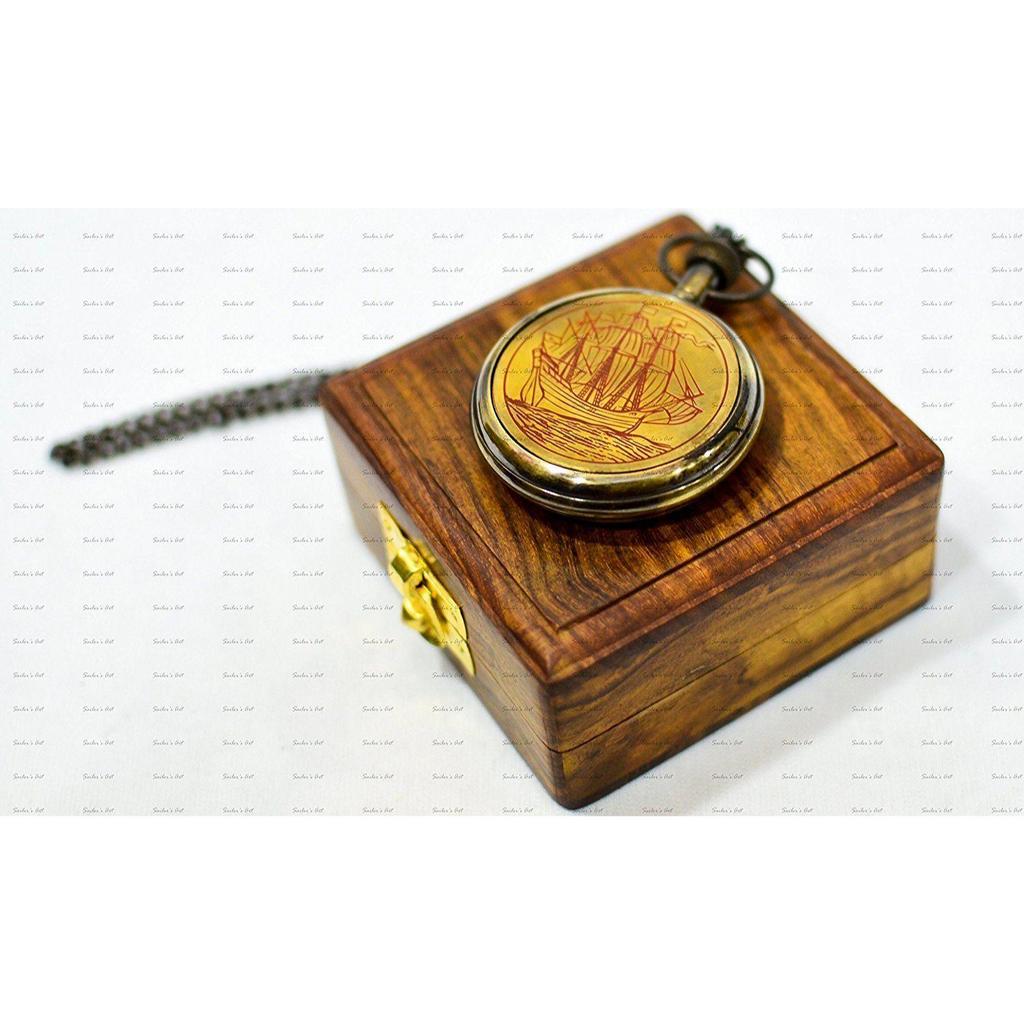 Vintage Antique Look Brass Analog Ship Pocket Watch with Wooden Box (Clear, Brown, 2 Inch)