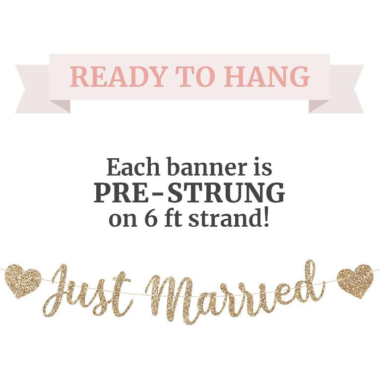 Pre-strung Just Married Banner - No DIY - Gold Glitter Wedding Party Banner in Script - Pre-strung Garland on 6 ft Strand - Gold Wedding Reception