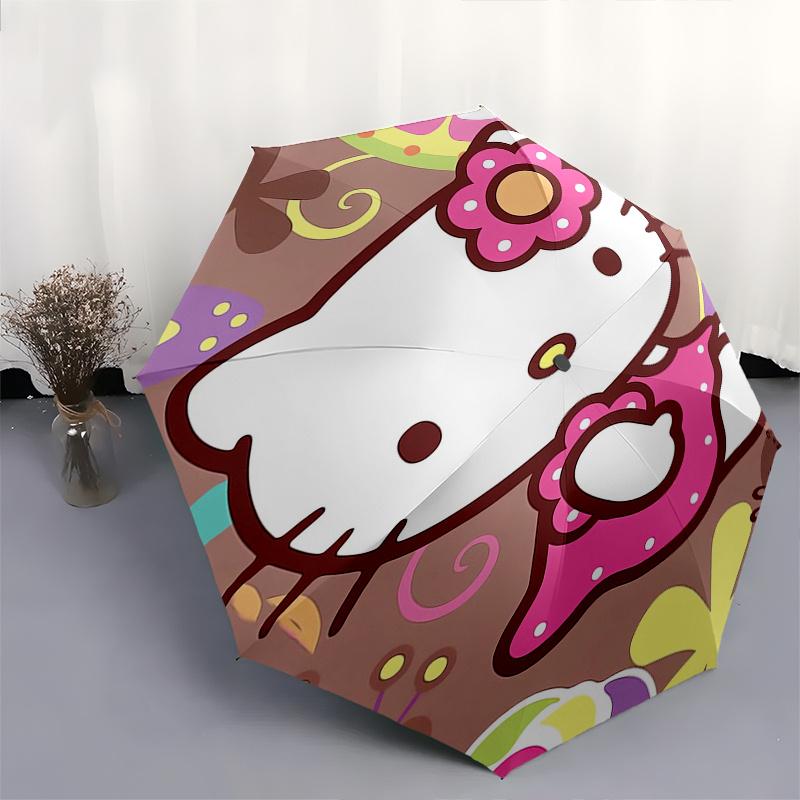 Hello Kitty,Floral Automatic Folding Umbrella-Simple 8-Rib Design, Bright Cartoon Pattern, Durable Iron Frame, Suitable For Travel, Outdoor,