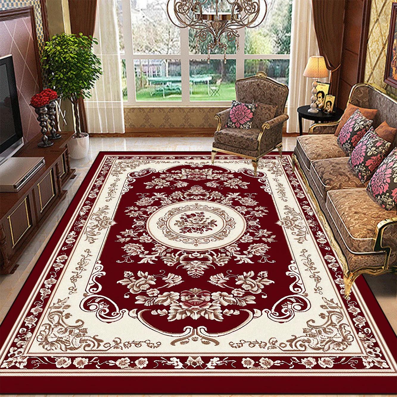 Tapis Floraux Rétro Grande Taille Salon Décoration Européenne Antidérapant Tapis pour Zone Canapé Chambre Dressing Tapis de Sol Lavable 160*230cm