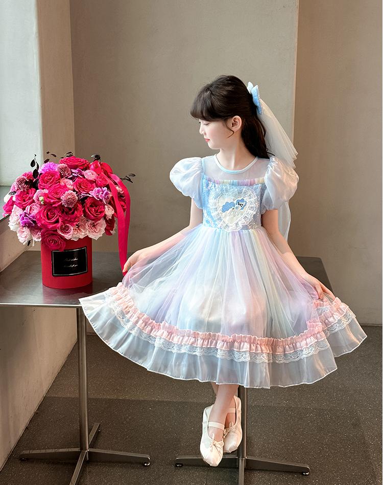 Girls' dress summer 2026 new style girls' big girl summer trendy bubble sleeves ponytail dress summer princess dress trend