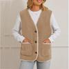 Women's V Neck Sleeveless Vest Loose Fit Casual Sherpa Waistcoat Single Button Fleece Gilet Winter Warm Layering Outerwear