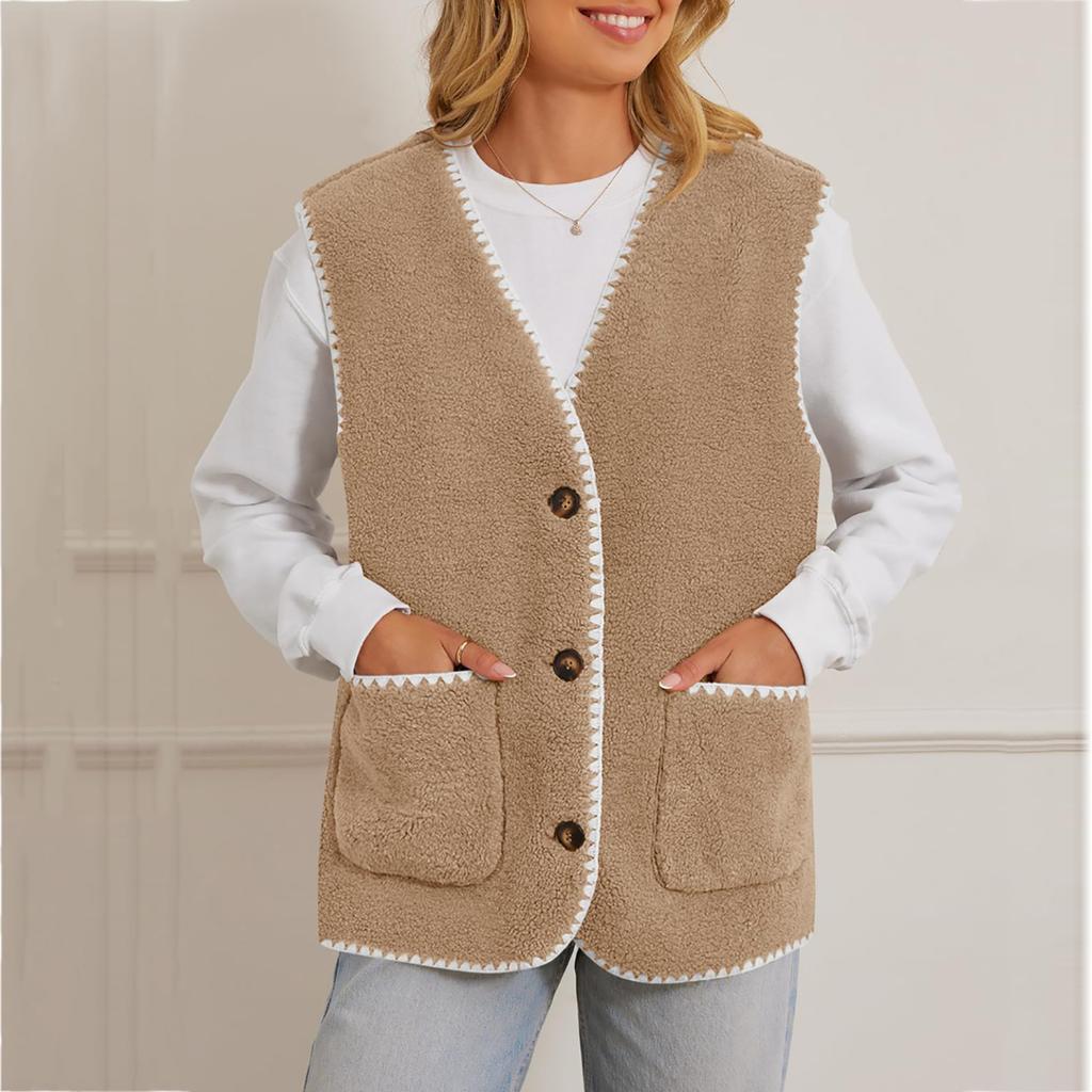 Women's V Neck Sleeveless Vest Loose Fit Casual Sherpa Waistcoat Single Button Fleece Gilet Winter Warm Layering Outerwear