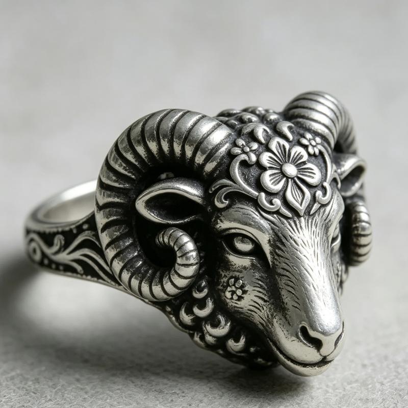 Vintage Silvery Ram Head Ring, Carved Flower Aries Ring, Gothic Animal Punk Jewelry, Dainty Gift For Men Women Party Accessories