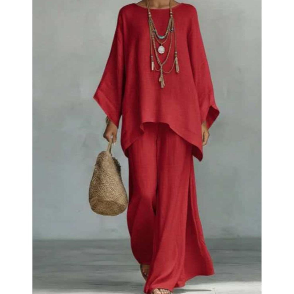Fashion Linen Loose Long-sleeved Wide-leg Trousers 2-piece Set Women Spring Casual Retro Elegant Female Simple Trousers Suit