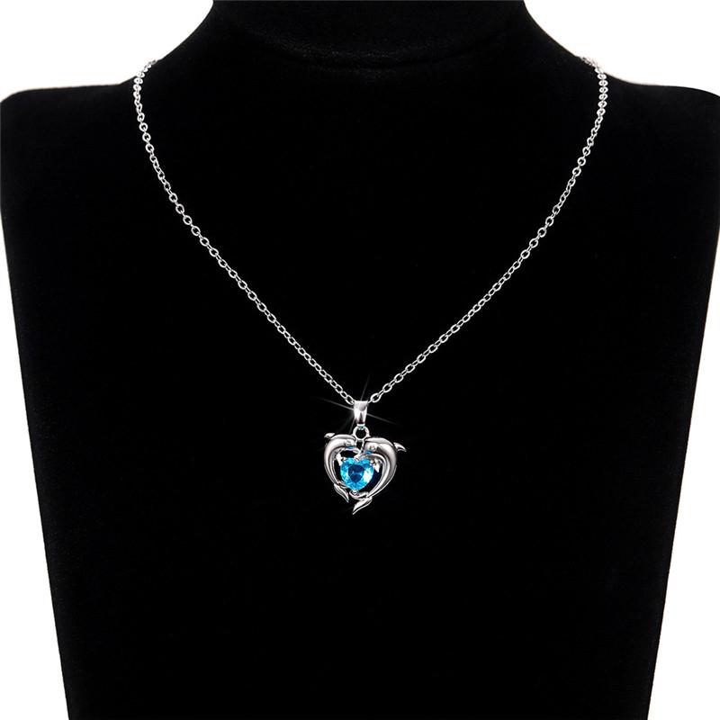 925 Sterling Silver Dolphin Blue Heart CZ Necklace Women Bride Wedding Clavicle Chain Necklaces Fancy Gift Statement JewelryGood product