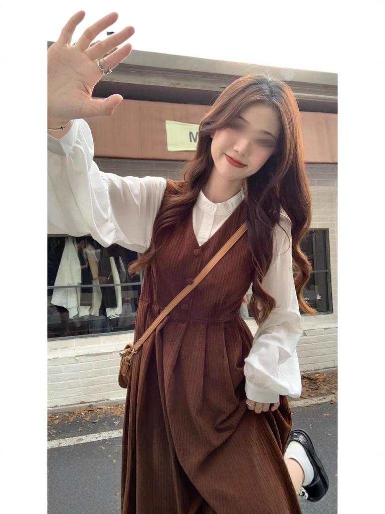 Women's Corduroy Vest & Dress Set: Spring/Autumn Sweet Long Sleeve Shirt Two-Piece Collection
