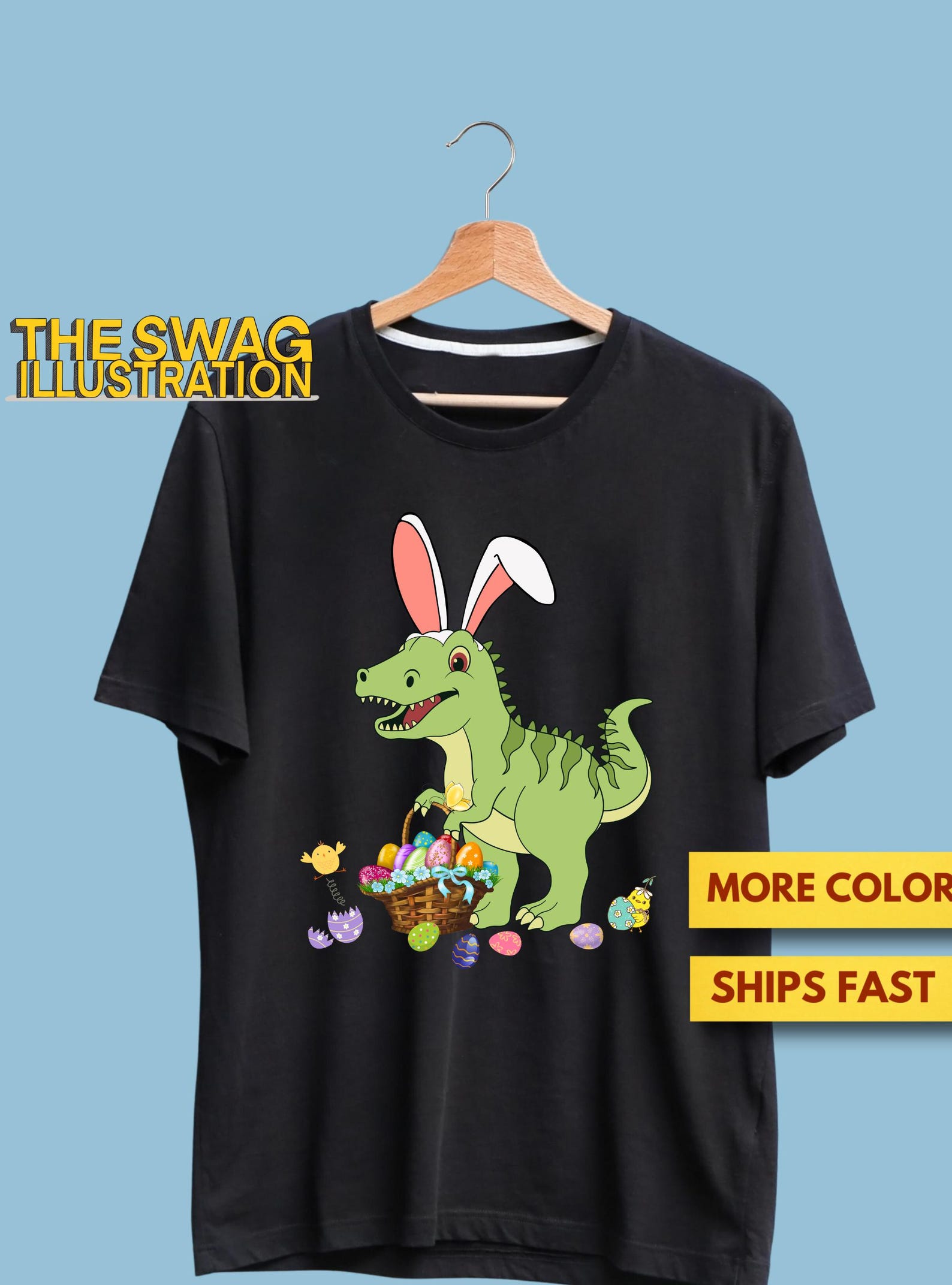 Cute Baby Dinosaur With Easter Basket And Bunny Ears Easter Dinosaur Shirt, Dino Easter GifT shirt, Egg Collecting Ultra Soft Premium Tee 3XL