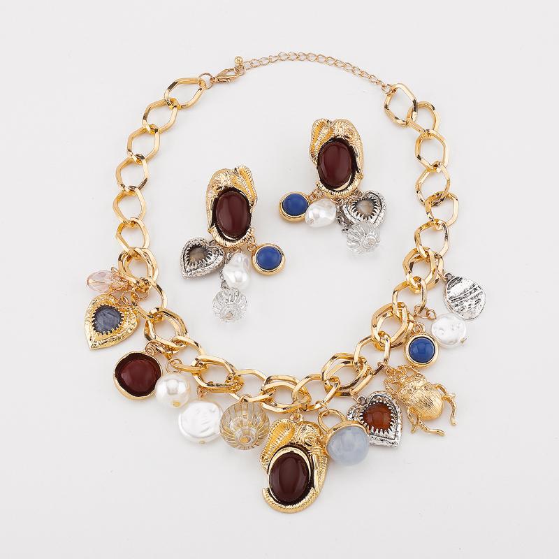 Retro Luxuriou Necklace Earrings Set Bohemian Resin Gemstone Beaded Jewelry For Women Party Gift
