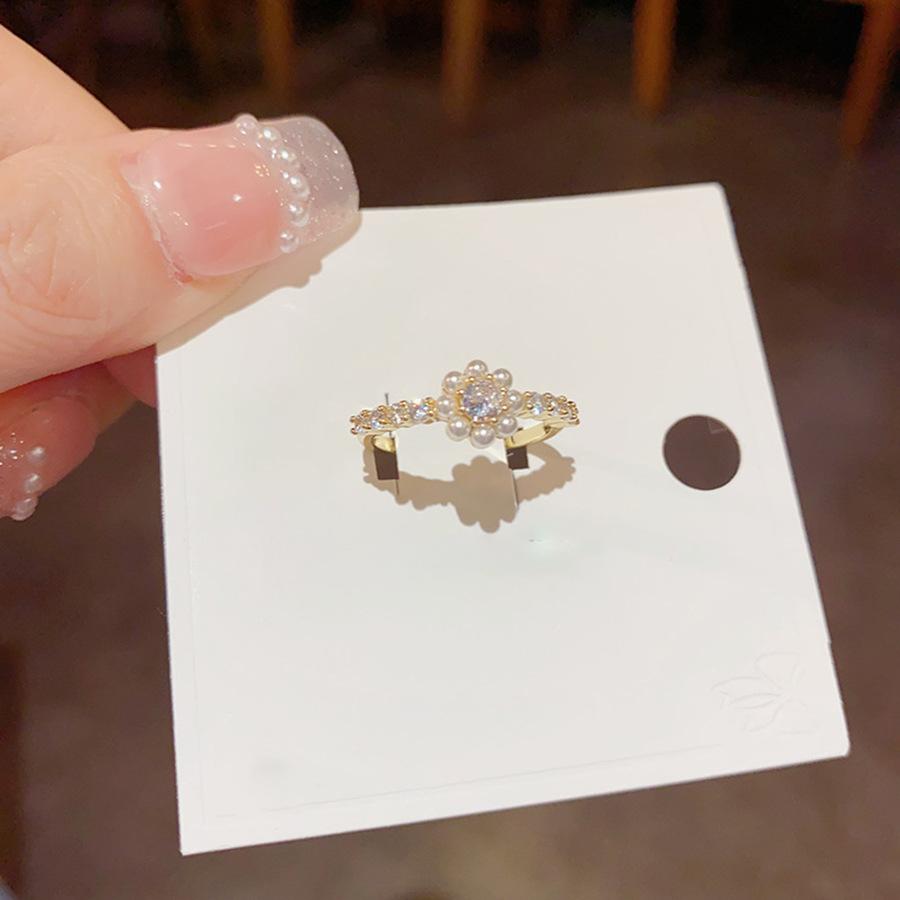 Zircon pearl flower ring women's light luxury high-end sense exquisite versatile index finger ring fashion temperament jewelry women