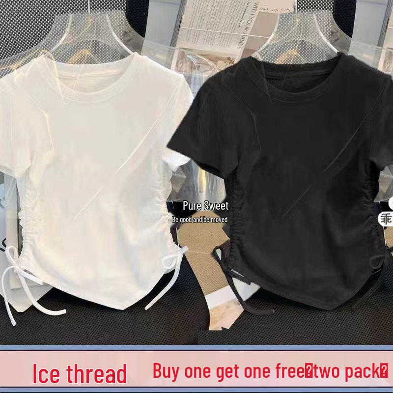 Girls' New Chinese Style Two-Piece Drawstring Summer T-Shirt Set - Printed Fashion Short Sleeve Top