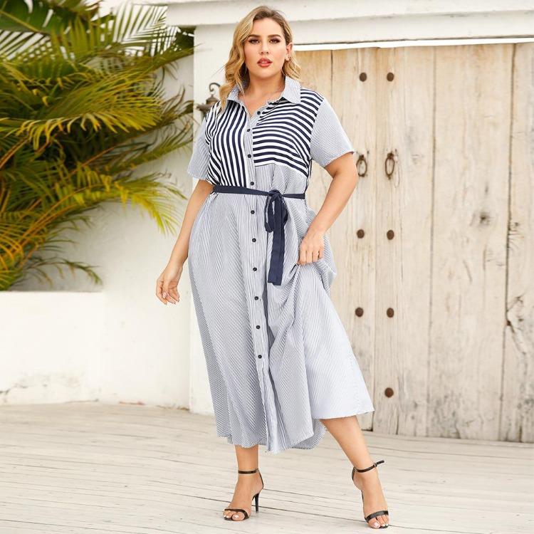 Plus Size Women Summer Striped Short Sleeve Tie Shirt Dress XL 2XL 3XL 4XL