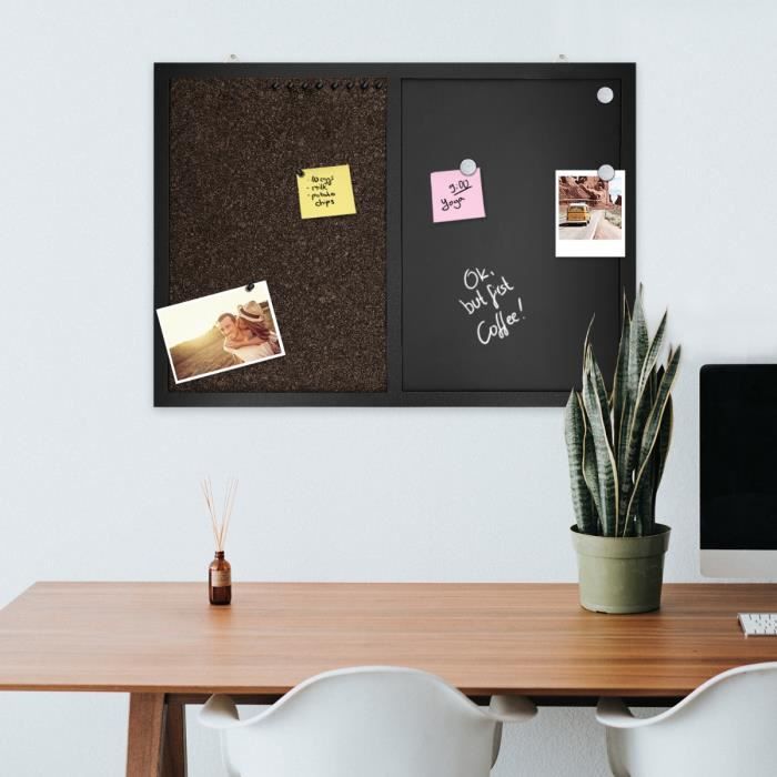 Tableau D'affichage Mixte - Navaris - 70 X 50 Cm - Tableau Noir Ardoise - Tableau Liège - Kit De Fixation Inclus