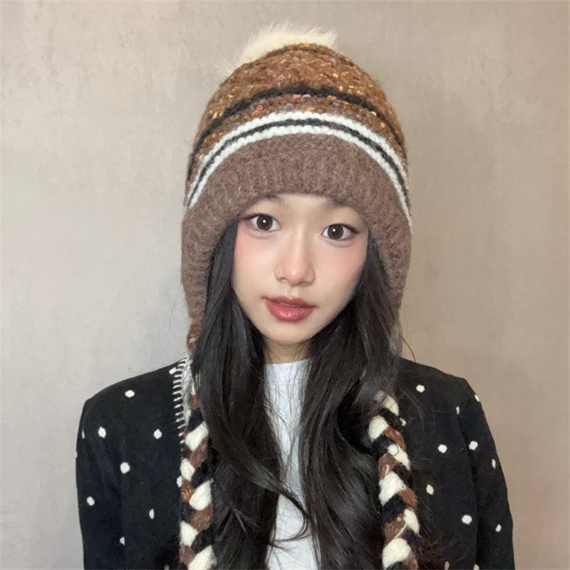 Color Matching Knitted Braided Ear Protection Warm Lei Feng Hat Women's Winter New Big Head Circumference Wool Hat Tide