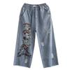 Johnature Women Vintage Embroidery Floral Denim Pants Elastic Waist Blue Casual Trouser Autumn Straight Pants