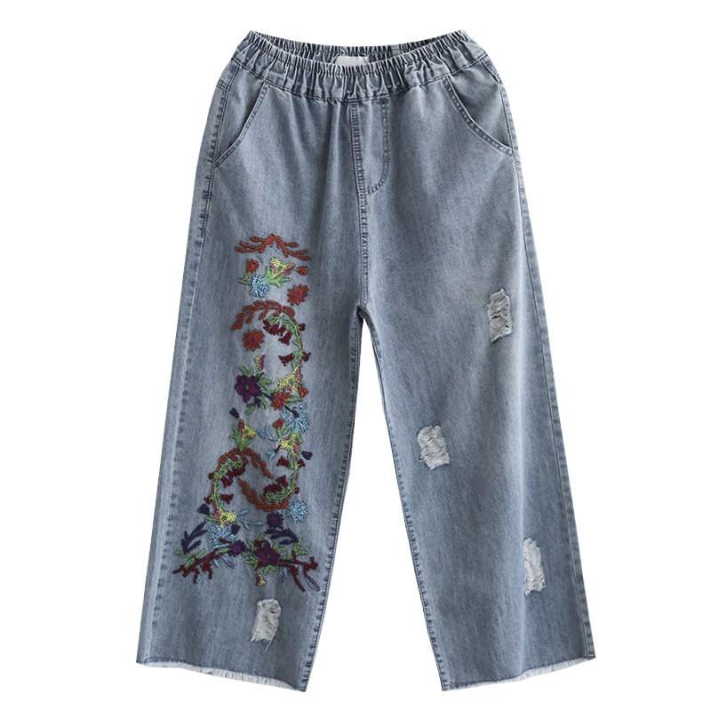 Johnature Women Vintage Embroidery Floral Denim Pants Elastic Waist Blue Casual Trouser Autumn Straight Pants