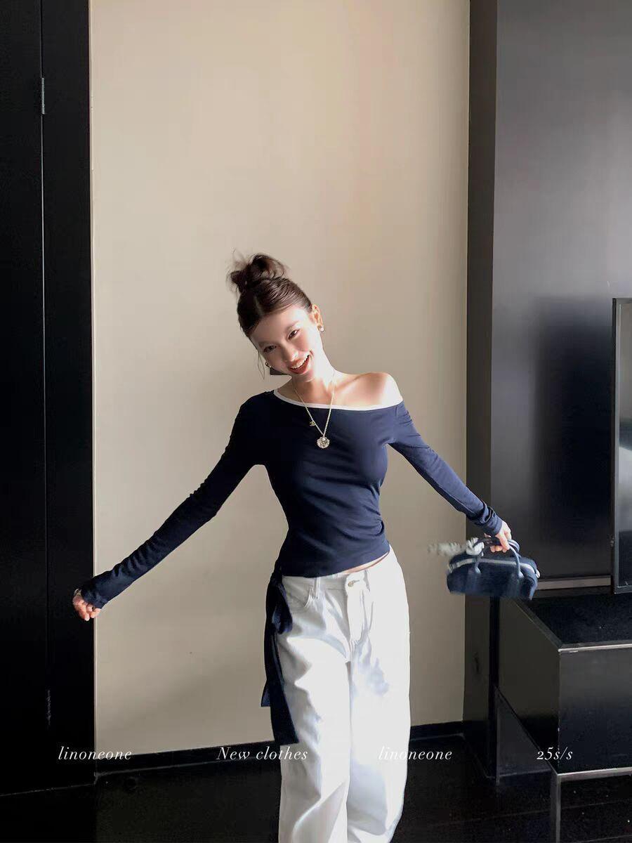 

Design straps slanted shoulder long-sleeved T-shirt for women to lose early autumn new slim-fit niche knitted sweater top ins tide S [recommended within 50kg ] тёмно-синий