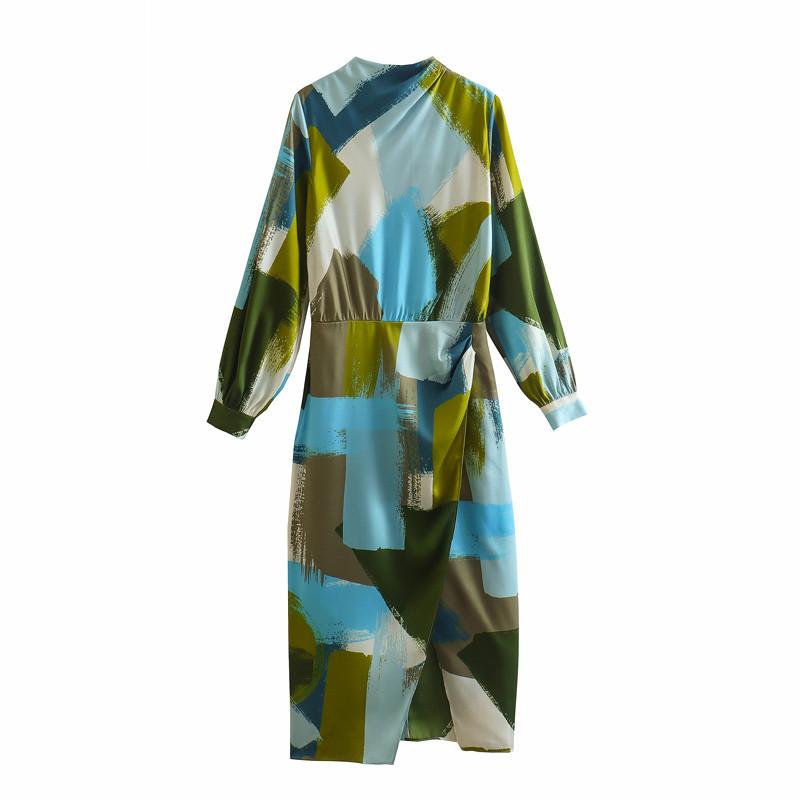 

Женское элегантное винтажное платье с разрезом и принтом, женская мода, О-образный вырез, длинные рукава, миди-платья, весенние вечерние повседневные платья L