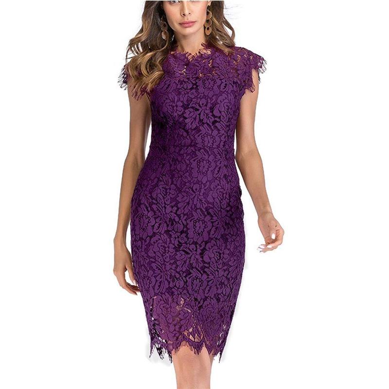 Women's Stand Collar Sleeveless Pencil Midi Dress Casual Lace Trim Solid Color Dress