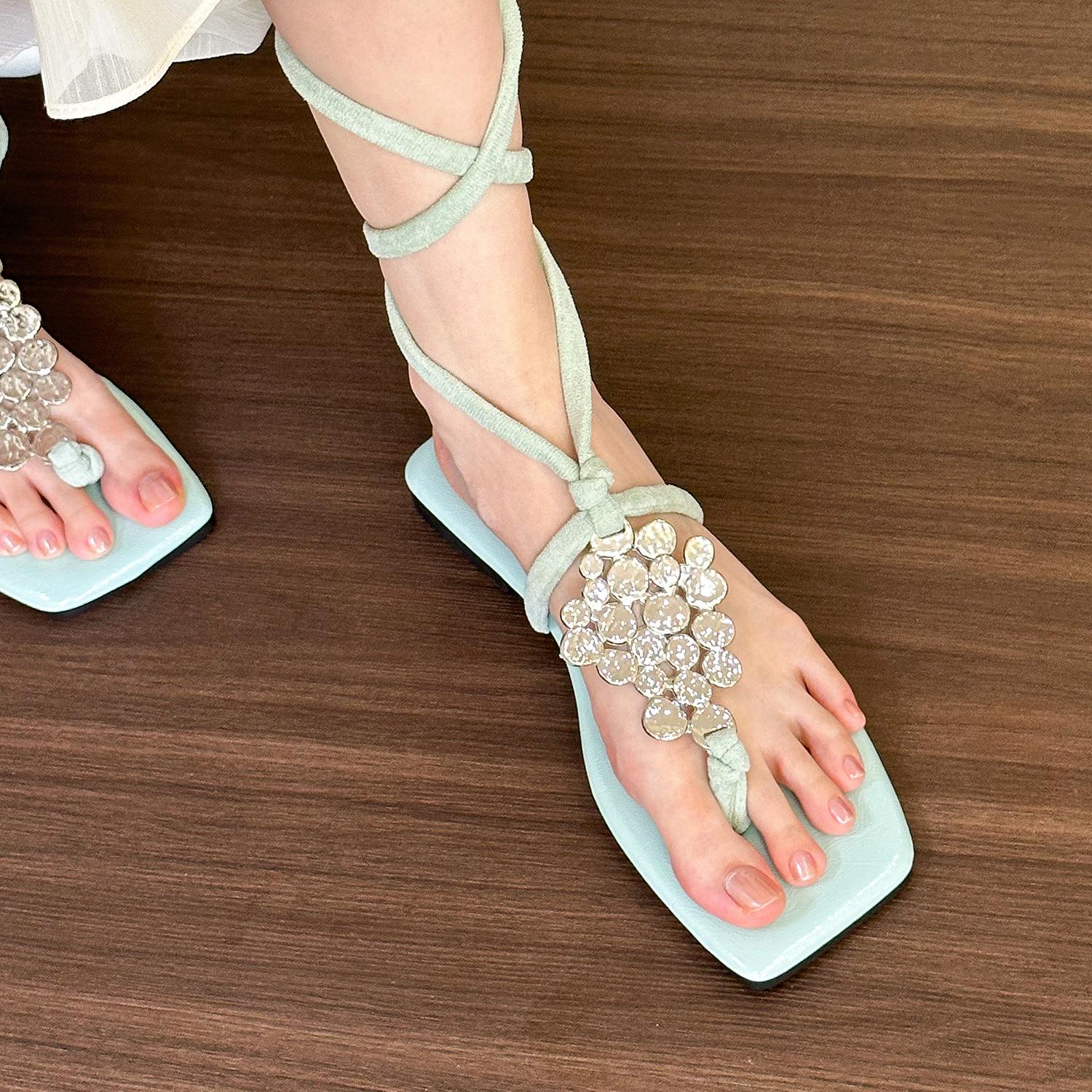 

Летние сандалии с квадратным носком, женские, металлический низкий каблук, римские сандалии, сказочный ветер, перекрещивающиеся ремешки, красивая женская обувь 35 синий