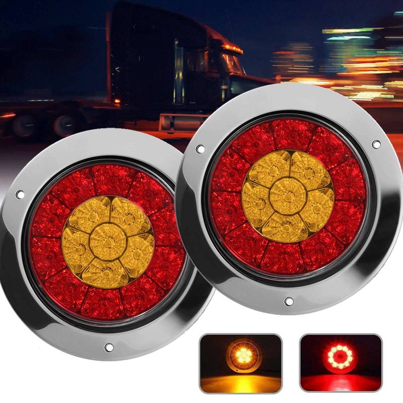 Simple 2X 4 Inch 16 LED Round Truck Trailer RV Brake Stop Turn Tail Signal Light Red Amber Chrome Waterproof 12-24V
