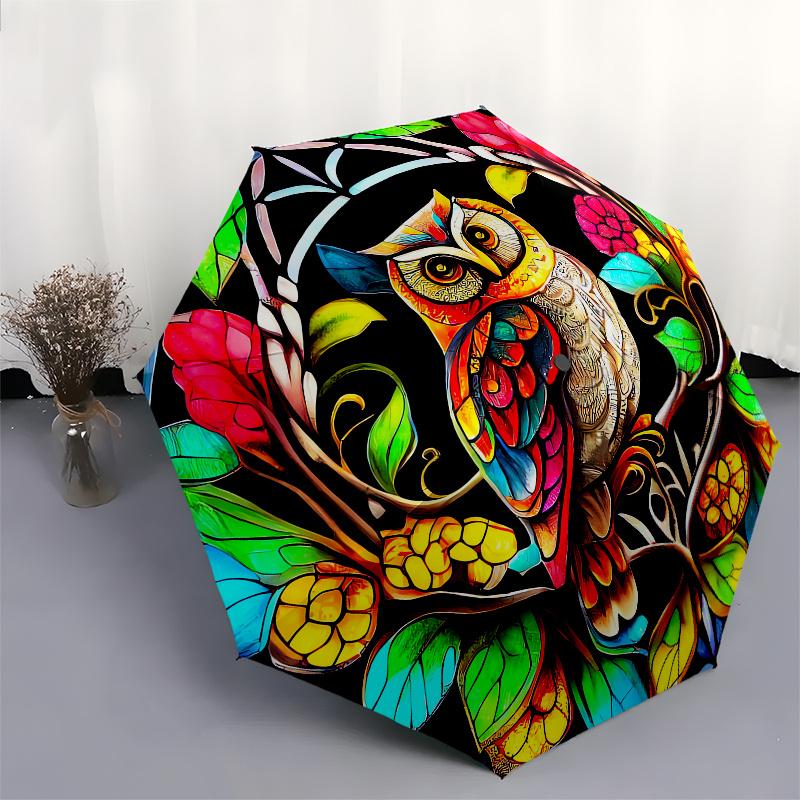Owl, Stained Glass Automatic folding umbrella simple eight rib design, bright color pattern, durable iron frame, ideal for travel and outdo