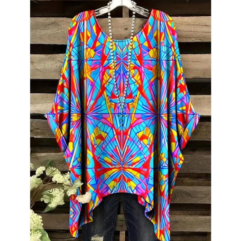 Women T-Shirts Bohemian Vacation Simple Pattern Print Tops Irregular Hemp Round Neck Fashion Versatile Short Sleeve Y2k Clothes