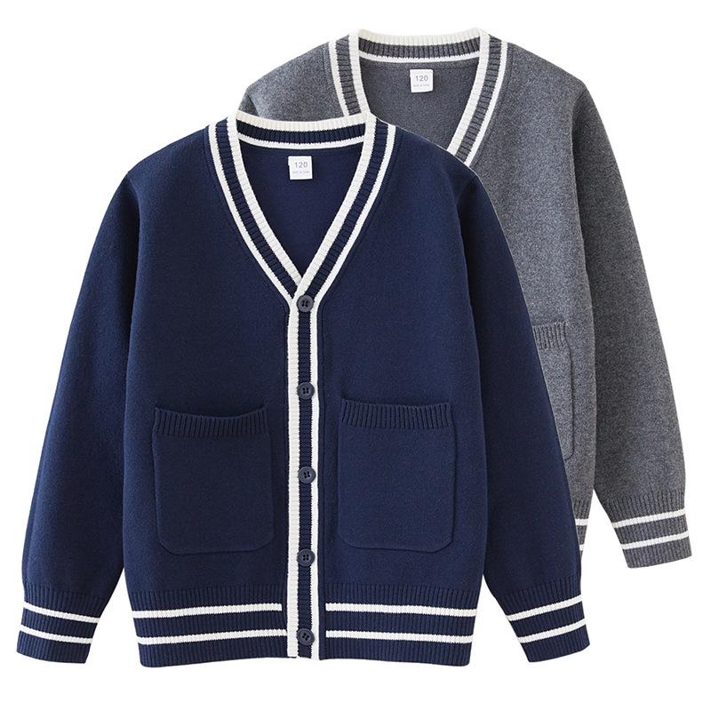 Parent-child Outfit Contrast Color Pockets for Middle and Large Children Knitted Cardigan College School Uniform Girls Sweater Jacket