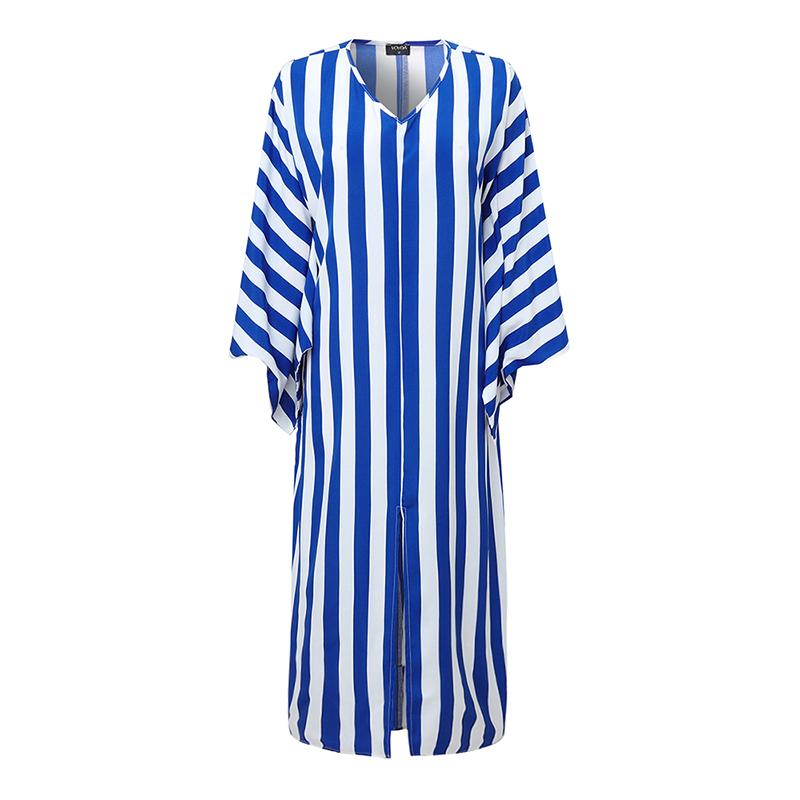 Oversized Women V Neck Batwing Sleeve Striped Print Casual Baggy Maxi Dress