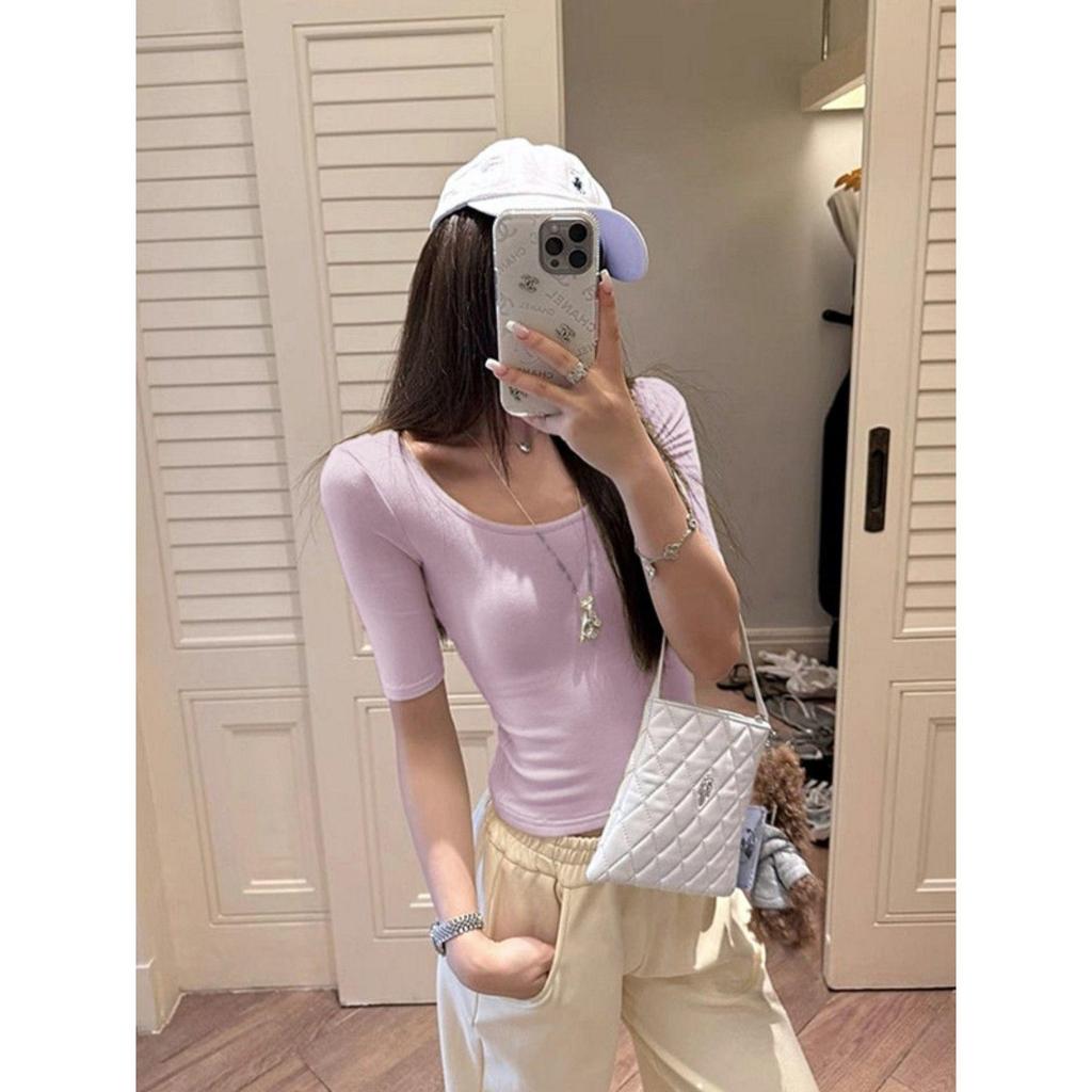 Women's Modal Cotton Slim Fit Short Sleeve T-Shirt - Summer Solid Color Low Neck Versatile Top