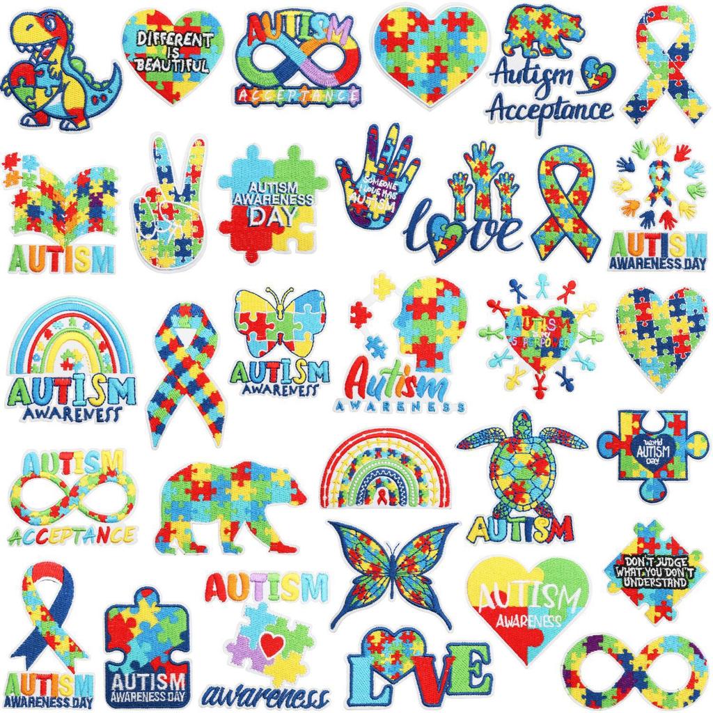 Färg pussel broderi tyg klistermärke liten dinosaurie dator broderi etikett tecknad sköldpadda autism kampanj patch klistermärke strykning