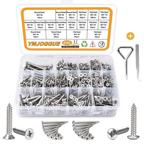 

YMJOGGUE 640-Piece Stainless Steel Wood Screw Set, M3/M4/M5/M6, Countersunk/Truss Head, Self-Tapping Screws, Woodworking Screws, with Storage Case