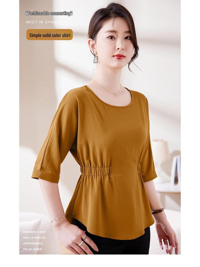 Chic Women's 2025 Slim Fit Pleated T-Shirt: Round Neck, Flattering Waist, Summer Style