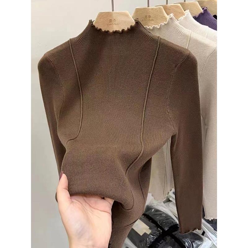 Wood ear edge knitted sweater women's solid color sweater autumn and winter new high-end slim-fit semi-turtleneck bottoming shirt