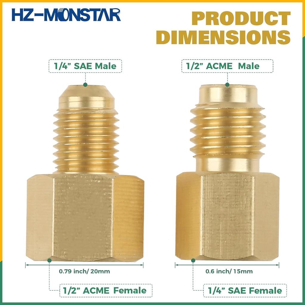 R410A R134A Adapters Mini Split Adapter Fitting Kit 5/16" SAE 1/4" SAE Flare, 1/2 Acme 1/4" Female to Male Brass Fitting Kit with Valve Core Remover