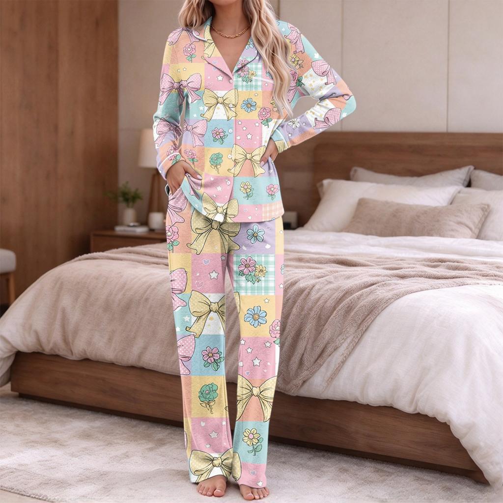 Pigiama da donna stampa alla moda manica lunga top con bottoni tasca pantaloni casa casual colletto a revers scollo a V set due pezzi