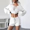 Lässige Strickshorts Anzüge Damen O-Ausschnitt Lange Ärmel Bandage Tops Sets Weiblich 2025 Frühling Sommer Dame Strandsets 2-teilig