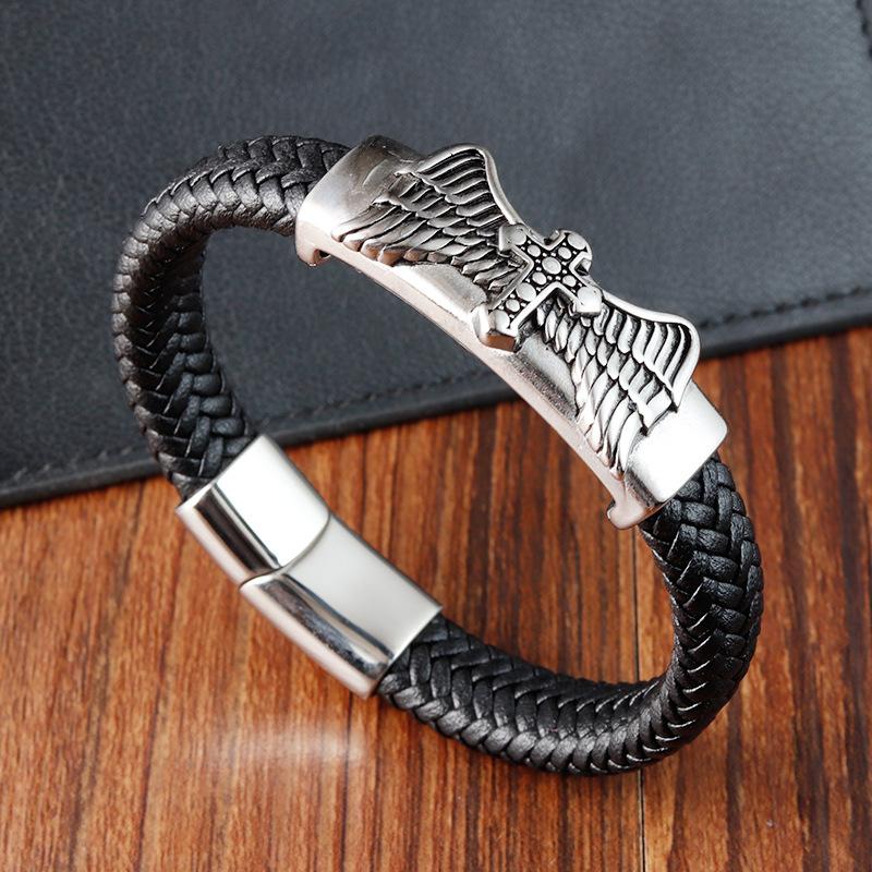 21CM Men Hand-woven Leather Rope Bracelet Black Hip Hop Vintage Chain Bracelet Male Stainless Steel Jewelry