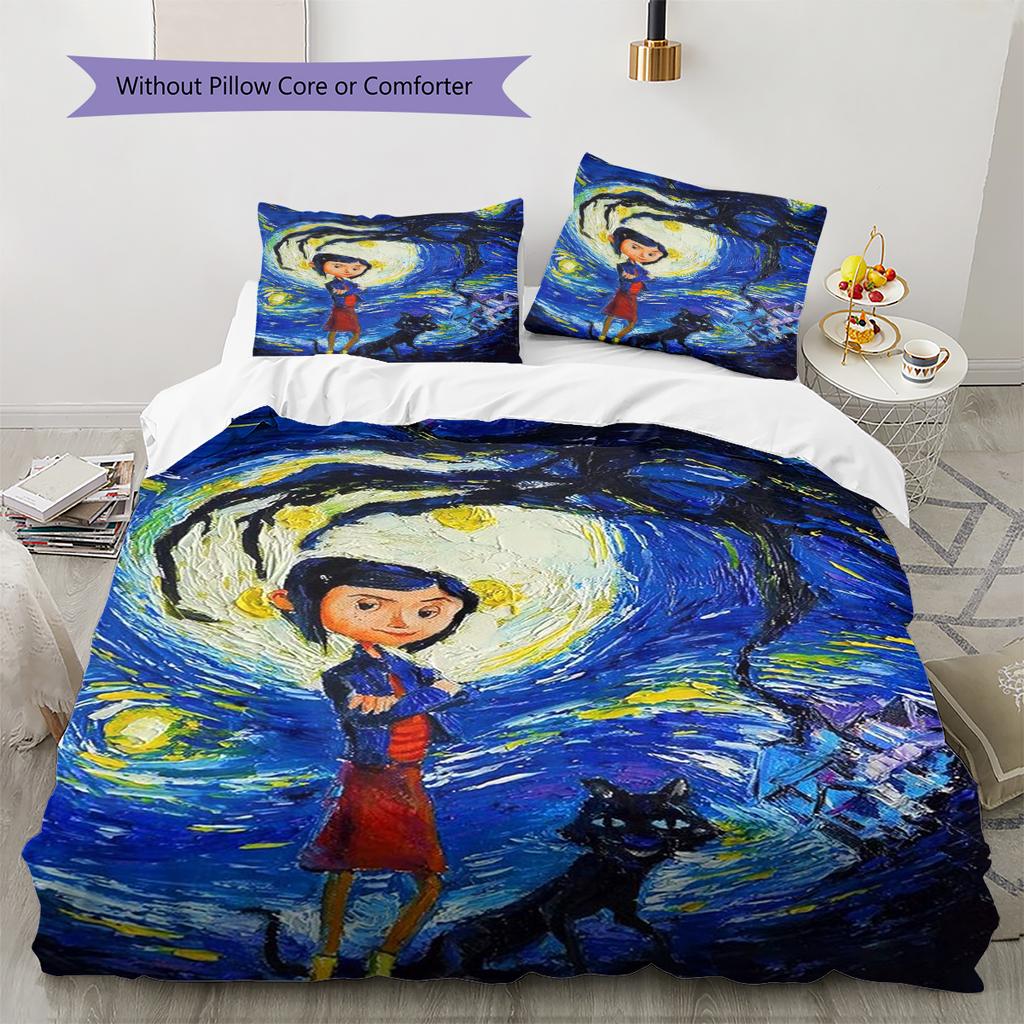Kreskówkowy Wzór Coraline Pościel Zestaw Kołdry Poszewka na Kołdrę Poszewka na Poduszkę Dekoracja Domu Prezent (1 * poszwa na kołdrę + 2 * poszewki na poduszki, bez rdzenia)