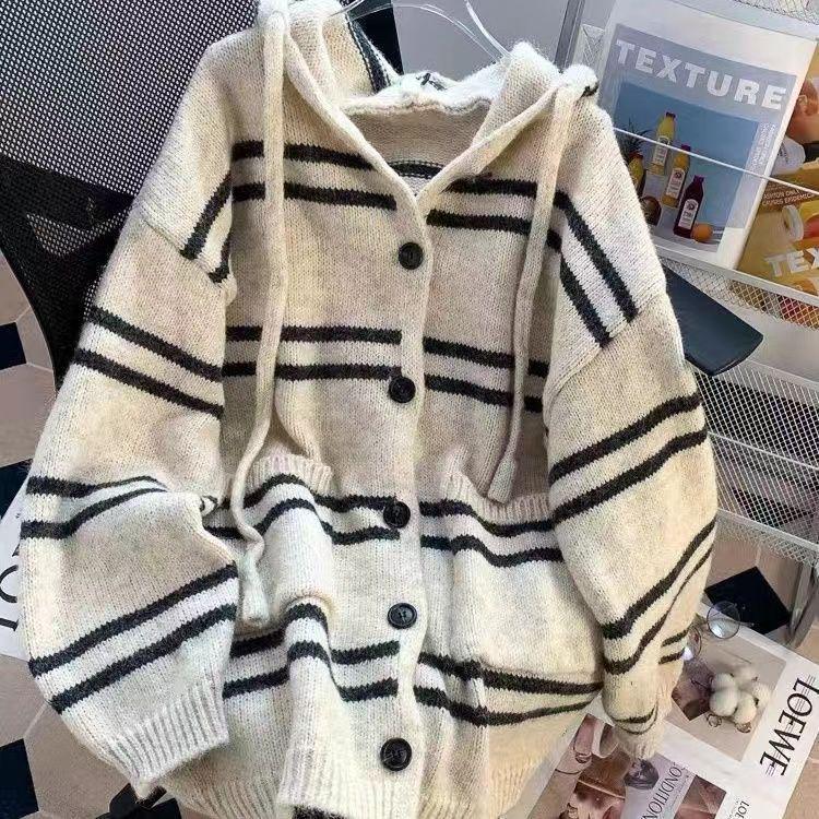 Korean Striped Hooded Cardigan Sweater for Women - 2025 Autumn/Winter