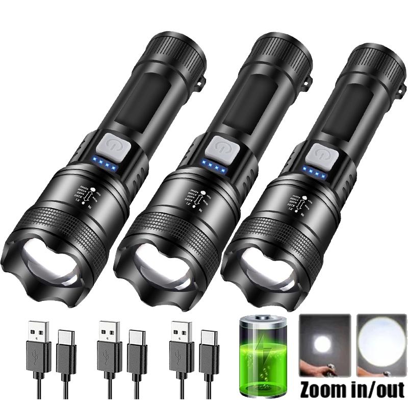 Powerful P70 LED Flashlight Camping USB Charging Zoomable Waterproof Torch Portable Work Light 4 Lighting Modes Built-in Battery